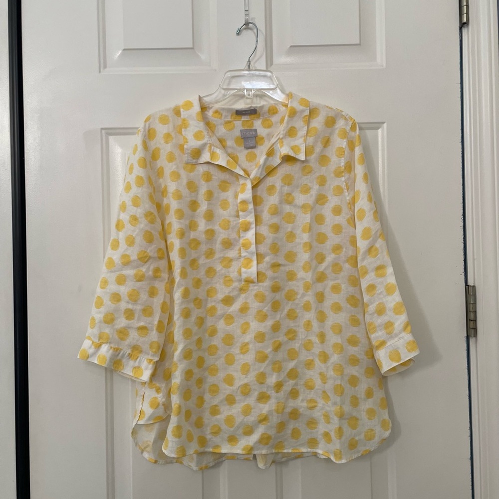 Chico's Yellow Polka Dot Button Down Linen Shirt